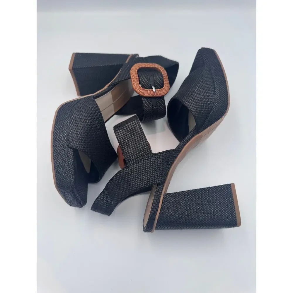 Dolce Vita Women's Black Raffia Block Heel Sandals Square Toe Ankle Strap Size 8